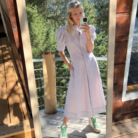 NEW NWT BURU Puff Sleeve Day Gown Dress, Midi Length, Grey Poplin Stripe, XS - Picture 4 of 5